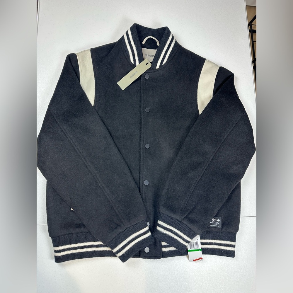 NWT HUDSON Mens Wool Varsity Bomber Jacket Size L Black Ivory Faux Leather $248‎